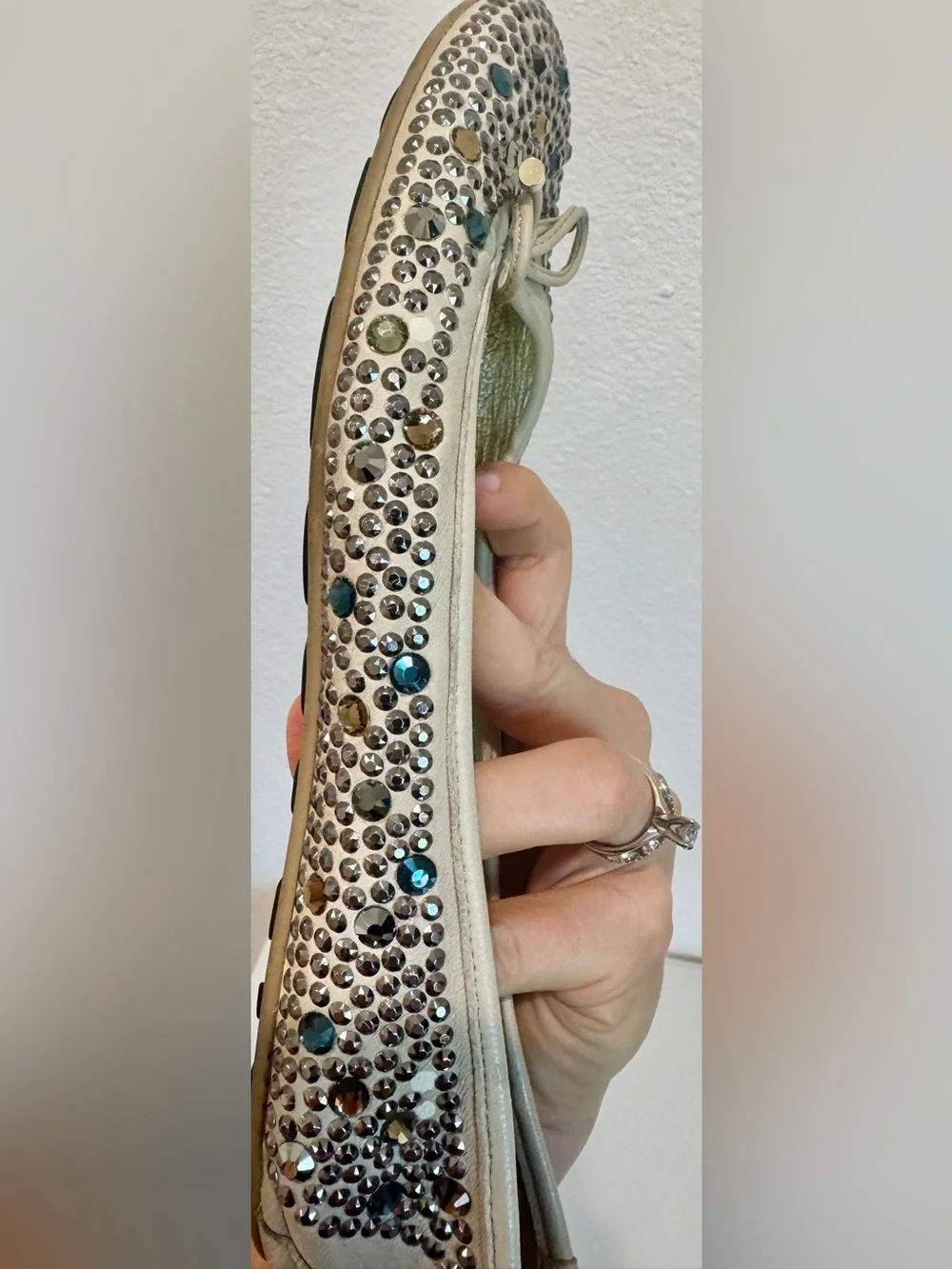Jimmy Choo Wray Crystal Studded Leather Ballet Flats Bow Cream Gold EU 37 US 7
